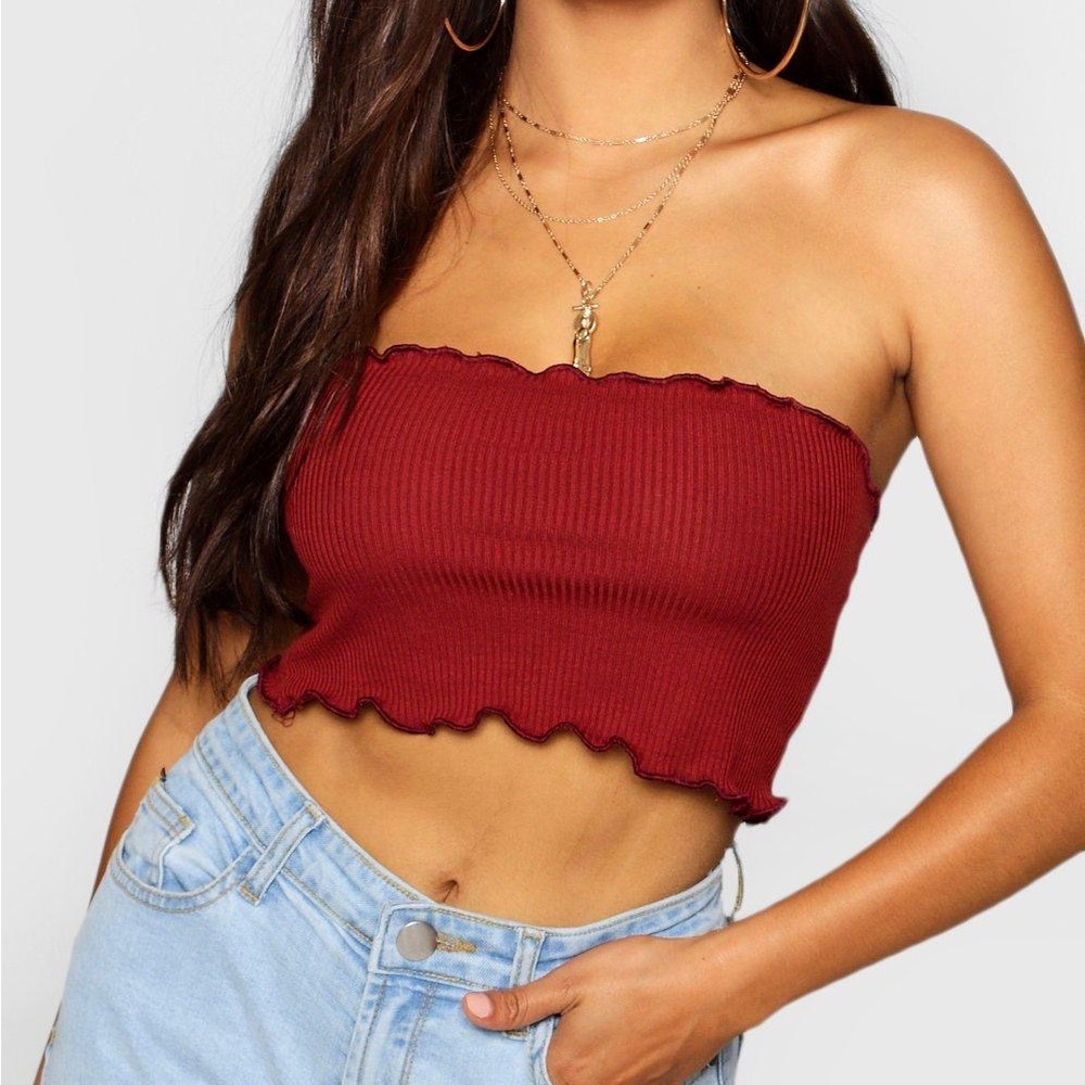 Boohoo Burgundy Lettuce Hem Bandeau Strapless Crop Tube Top Size 10P